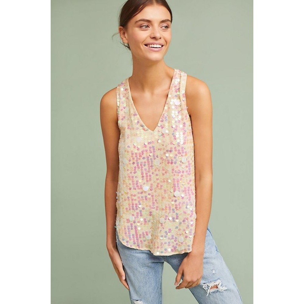 Moulinette Soeurs Anthropologie Sequin V-Neck Tank Top Cream Iridescent Size 0‎